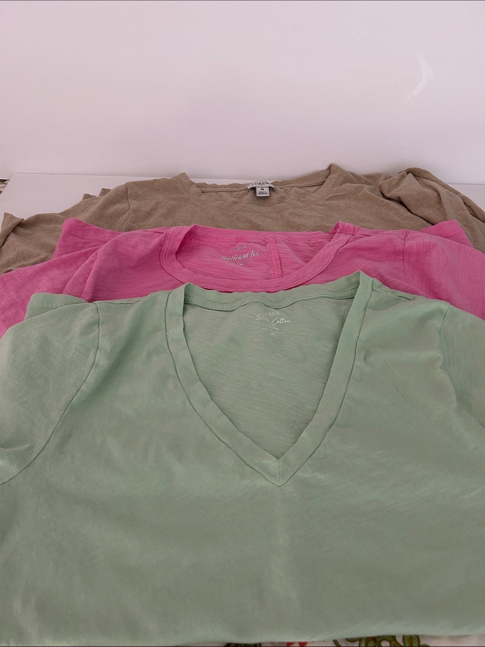 Three J Crew Tees in Mint, Pink & Taupe